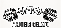 Logo with barbell and 'Lifted Protein Gelato' text on a white background