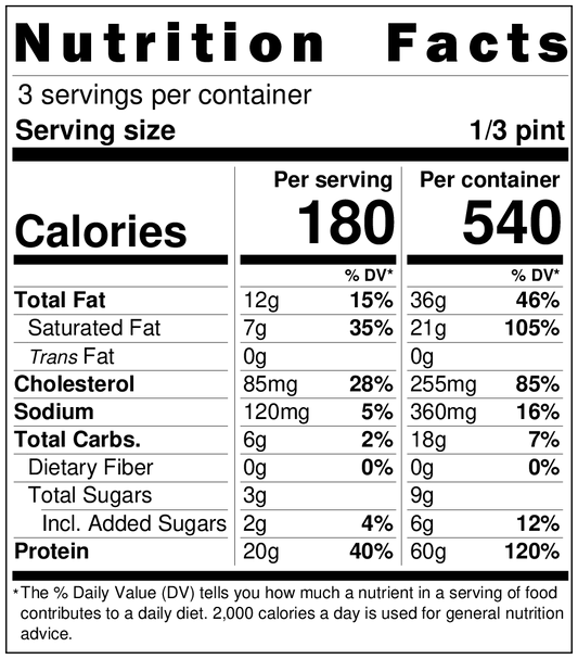 Nutrition facts label for Lifted Gelato vanilla high protein gelato showing protein content