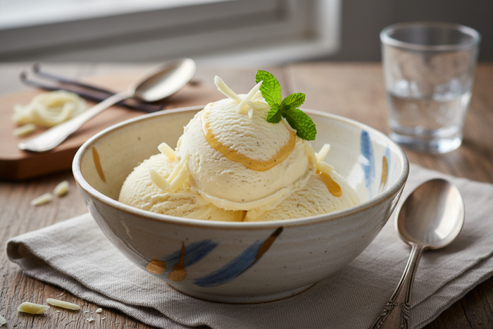 Bowl of creamy vanilla high-protein gelato satisfying a sweet tooth on a high-protein diet