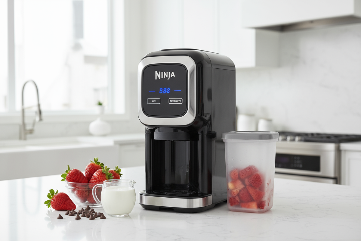 Modern illustration of a Ninja Creami style ice cream machine churning protein ice cream