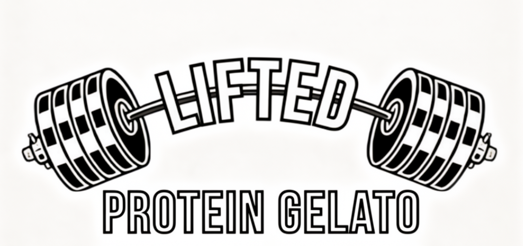 Logo with barbell and 'Lifted Protein Gelato' text on a white background